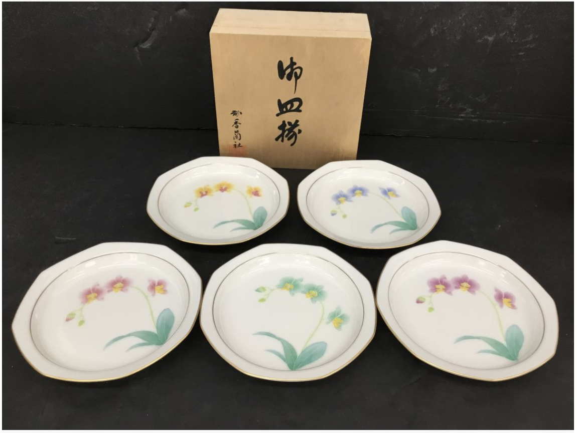 【買取実績】香蘭社（KORANSHA） 八角皿5枚セット 花柄御皿揃 / 湯呑 五客 茶器セット 木箱付き - 3